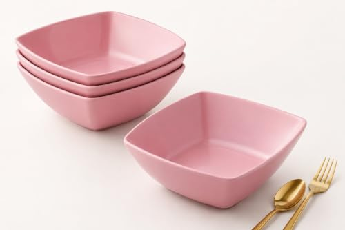 ECO Durable Medium Plastic Square Bowls Set of 4 | 19cm x 19cm – Cereal Bowl for Kids | Reusable Square Bowls for Parties | BPA-Free Stackable Plastic Serving Bowls (Pink, Medium)