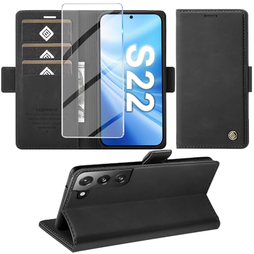 Giyer Handyhülle für Samsung Galaxy S22 5G Hülle mit Schutzfolie, Schutzhülle Standfunktion Kartenfach Wallet Premium Leder Flip Case Cover Stoßfeste Klapphülle Galaxy S22 5G 6,1 Zoll