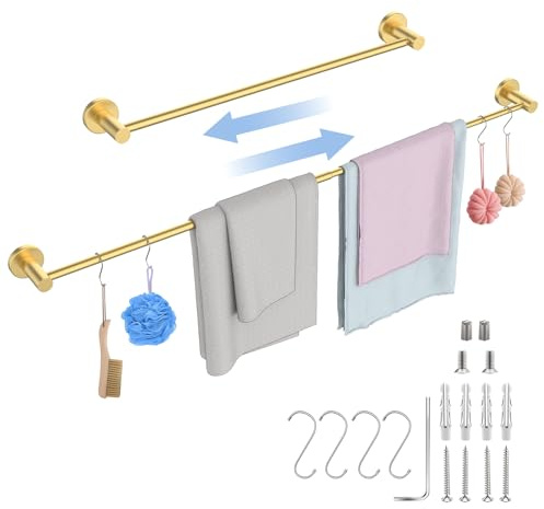 Zuext Handtuchhalter, verstellbar, 60 bis 107 cm, Einzel-Badetuchhalter, gebürsteter goldfarbener Edelstahl, Wandhalterung, Waschraum, 2.5 cm Rohr-Handtuchhalter