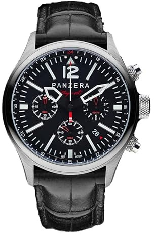Panzera Flieger 46 Chronograph Quarz Stahl Schwarz Leder Pilot Datum Herren Uhr