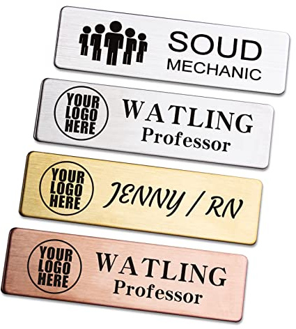Badge d'identification personnalisé en métal gravé avec logo/nom pour entreprise, étiquette d'identification personnalisée avec épingle, magnétique, dos adhésif, transparent et facile à lire.