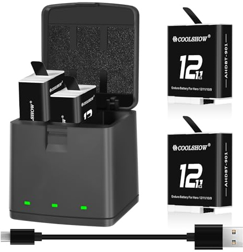 COOLSHOW Hero 12/11/10/9 Enduro Akku 2 Stück 1800mAh mit 3 Slot Hero 12/11/10/9 Akku Ladegerät Aufbewahrungsbox Design für Hero 12 11 10 9 Black (2 Akkus+1 Ladegerät)