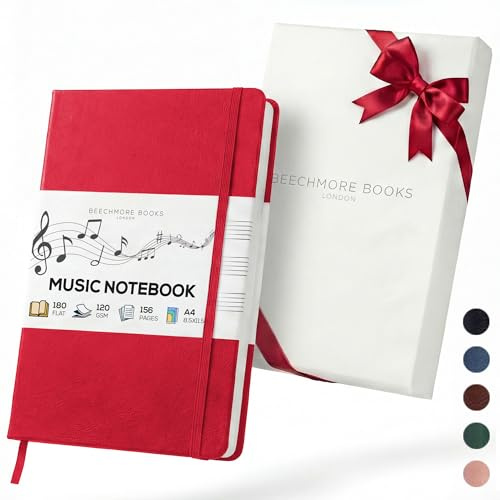 Beechmore Books Notenbuch A4 (21,6 × 29 cm) – 156 Seiten, 120 g/m² | Hardcover aus Veganleder, Perforierte Notenzeilen, Lay-Flat, Geschenkbox für Musiker, Komponisten, Lehrer | Notenbuch mit 10 Notenblättern pro Seite, veganes Leder, Hardcover, blanko Notenheft für Songwriter & Musiker
