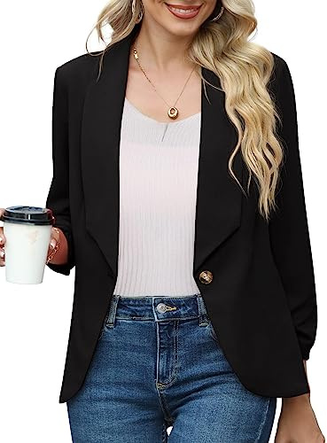 PrinStory Blazer pour femme 3/4 manches froncées blazer affaires bureau blazer costume sportif jack trench, Noir , 42-44