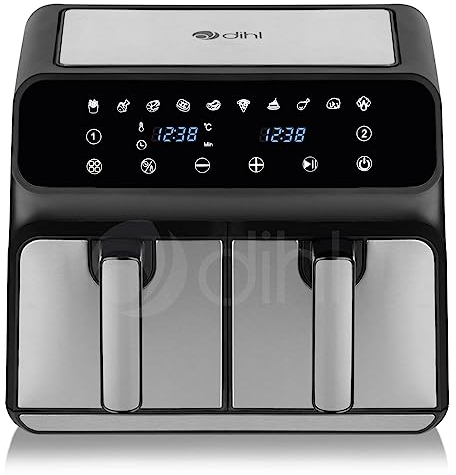 Dihl 8L Double Air Fryer, 2 x 4L Independent Baskets, Dual Zone Air Fryer, Family Size Healthy Oil-Free Air Fryer Oven 10 Pre-Sets & Digital LED Display, 1700W