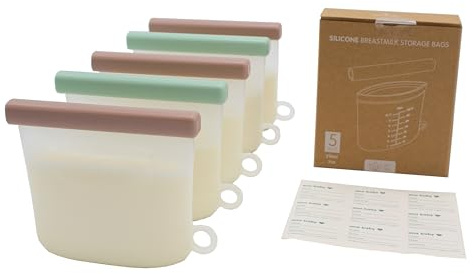 ana baby Sacchetti in silicone per latte materno,confezione da 5 sacchetti riutilizzabili per l'allattamento al seno,senza BPA,silicone per uso alimentare,capacità 210 ml,doppia chiusura per evitare