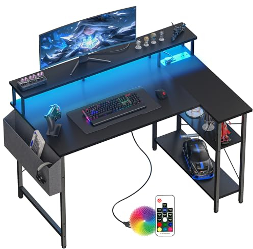 BEXEVUE L Shaped Gaming Desk with Power Outlets & LED Lights, 120cm Computer Corner Desk with Shelves Computer Workstation Table with Storage Bag for Home Office Small Space, Carbon Black
