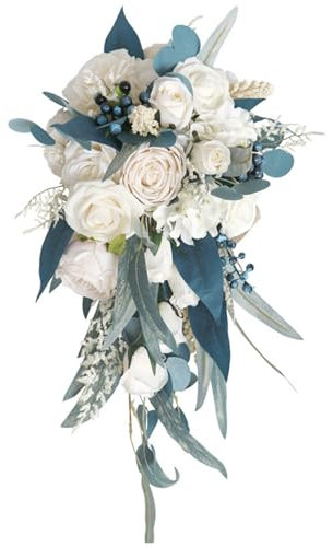 Muzrunq Wedding Bouquet Teardrop Bridal Bouquet Cascading Artificial Rose Bouquet for Bride Holding Wedding Centerpiece Decor White and Blue 10.2x19.7 Inch
