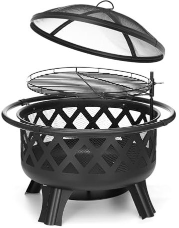 Braciere per esterni da 76 cm, con griglia, braciere a legna, grande braciere in acciaio, per patio, cortile, giardino, campeggio, con griglia girevole per barbecue, piastra in frassino, schermo