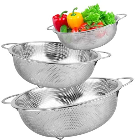 3pcs Colador de Cocina, Acero Inoxidable con Asas, Juego de Coladores de Cocina Microperforado Pulido Brillante, Colador de Cocina Para Pasta, Frutas, Arroz, Verduras,Apto para Lavavajillas
