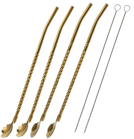 Zerodeko Set of 6 Reusable Stainless Steel Drinking Straws and Stirring Spoons, Round Shape, Golden Colour, Rust-Resistant and Elegant Design for Celebrations and Ice Cream