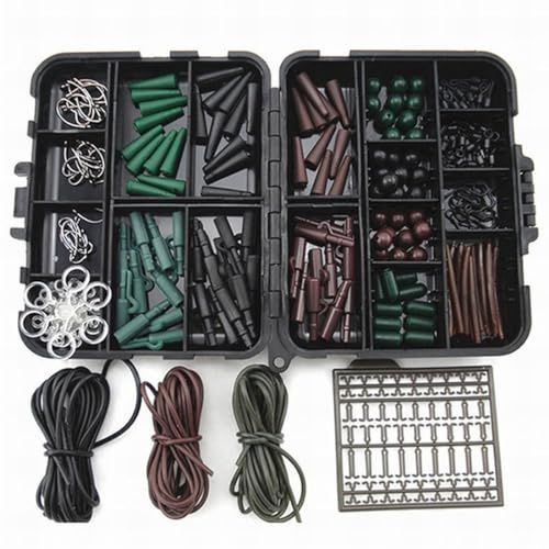 Angelkoffer 192 tlg. – Karpfen Angelzubehör Set mit Haken, Wirbel, Karabiner & Anti-Tangle Sleeves – Tackle Box für Karpfenangeln