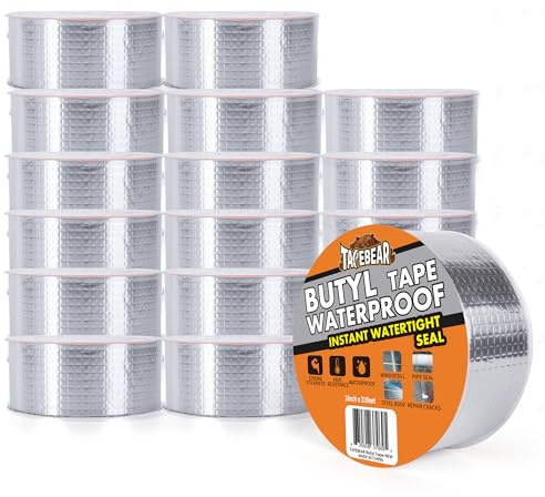 TAPEBEAR Nastro Butilico 50mm x 10m, Nastro Sigillante Impermeabile, Autoadesivo in Alluminio Butilico per Riparazione di Tetti, Grondaie e Perdite, 16 Rotoli