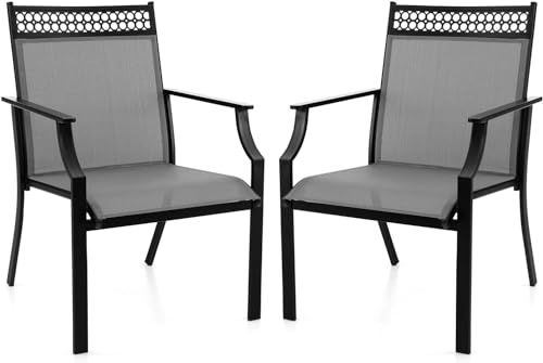 GOPLUS Gartenstühle 2er Set, Bistrostuhl mit Rückenlehne & Armlehne, Balkonstuhl aus Metall bis 150 kg belastbar, Essstuhl Outdoor für Terrassen Garten Balkon (Grau)