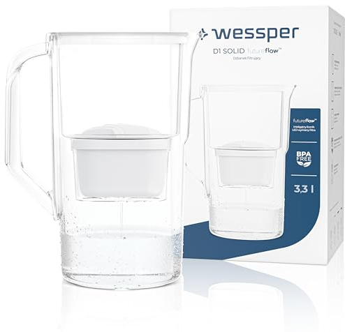 Wessper Jarra Filtradora de Agua, 2,8 l, con Contador LED, Garrafa de Agua, Filtro de Carbón Activo Reduce la cal y el Cloro, Jarra con Filtro de Agua, Sin BPA - Blanco