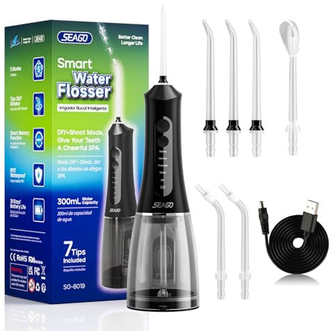 SEAGO Irrigatore orale senza fili ricaricabile con serbatoio dell'acqua da 300 ml, pulitore dentale elettrico portatile, pressione dell'acqua regolabile per una pulizia confortevole, impermeabile