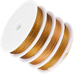 Leliafleury Alambre de cuentas de acero inoxidable de 0,5 mm x 22 m, alambre dorado para manualidades, suministros de joyería, 4 rollos