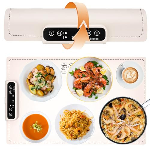 Darryy Warmhalteplatte für Speisen, Speisenwärmer 60*38 CM Warming Plate, Elektrische Warmhalteplatte Für Speisen, Drei Temperaturstufen, drei Zeitmodi, vollflächige Isolierung und flexibel aufrollbar