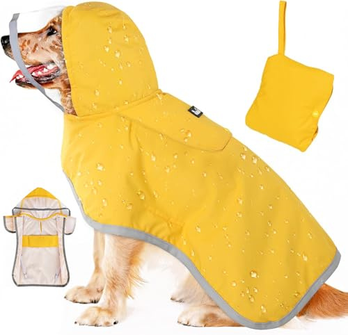 Eyein Wasserdichter Hunderegenmantel, Regenmantel für Große Hunde mit Kapuze und weichem Futter, Verstellbare Hunderegenjacke mit reflektierenden Streifen, Winddicht und leicht, Gelb, XL