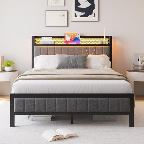 MOFLUT 4ft6 Double Bed Frame with Storage Headboard, USB & LED Lights,Gray | Upholstered bed frame double bedwith headboard,Heavy Duty Metal Slats,No Box Spring Needed,Easy Assembly,for Bedroom,Dorm
