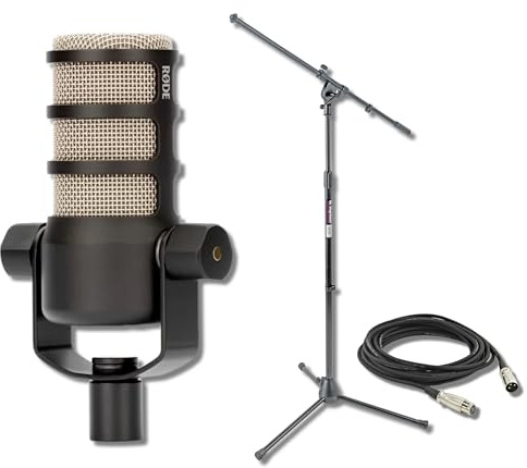 Rode PodMic - Micrófono cardioide de transmisión dinámica con soportes en el escenario MS7701B trípode y cable XLR