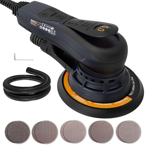 MAXXT lijadora excéntrica 5.0 mm sin escobillas, lijadora orbital 350W disco de 150mm, 6 velocidades 4000-10000RPM（Freno automático-2s） y viene con 10 hojas de papel de lija, Cable 5M