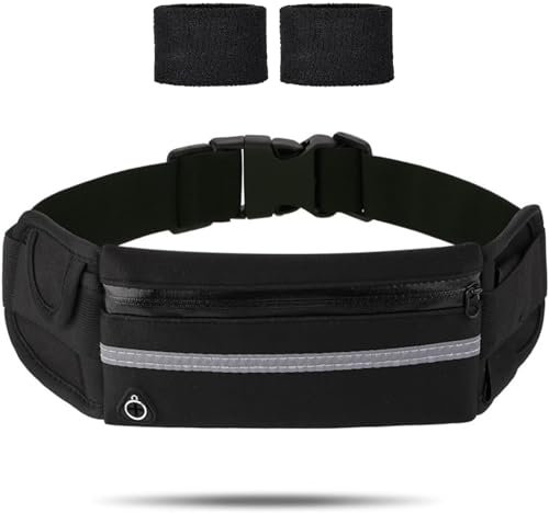 Laufgürtel Handy Laufen Zubehör, Laufgürtel mit Trinkflasche mit 2pc Schweißband,Running Belt Klein für Frauen Männer,Lauftasche Jogging für Sport Fitness Radfahren Reisen,Schwarz