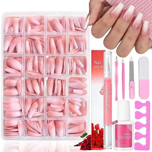 Tips för falska naglar – 360 stycken rosa färggradient, vita, falska naglar att klistra på – 15 storlekar, ballerina, konstgjorda naglar, fingernaglar med nagelolje-penna för nagelförlängningar