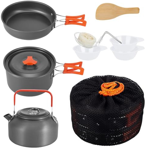 ALLOMN Camping Cooking Set, Outdoor Camping Cookware Kit Portable Cooking Mess Kit Pot Pan Sets with Teapot for Backpacking Picnic Hiking Trekking Picnic Fishing Mountaineering, 1-2 Person Use