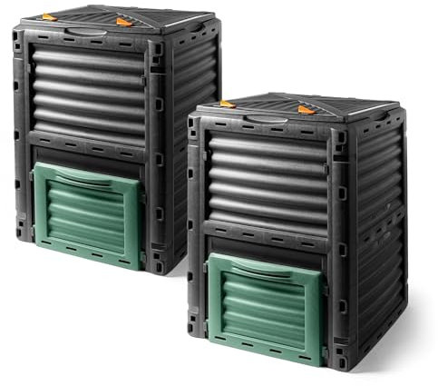 Compostiera in plastica, 83 x 61 cm, nero, set da 2 pezzi, compostiera da 300 l, con coperchio e portello di svuotamento, contenitore per rifiuti organici