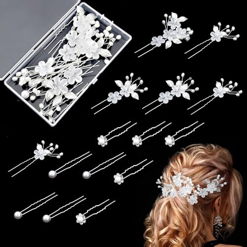 15 Pcs Bridal Hair Accessories Wedding Guest Hair Pins for Women Hair Piece for Bride Elegant Fairy Hair Comb Rhinestone Hairpins Silver Flower Pearl Clips Leaf Hairpieces for Bridesmaids Girls