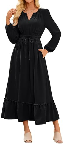 GRACE KARIN Women's Casual V Neck Maxi Dresses 2025 Autumn Winter Long Sleeve Wedding Guest Dress Black L