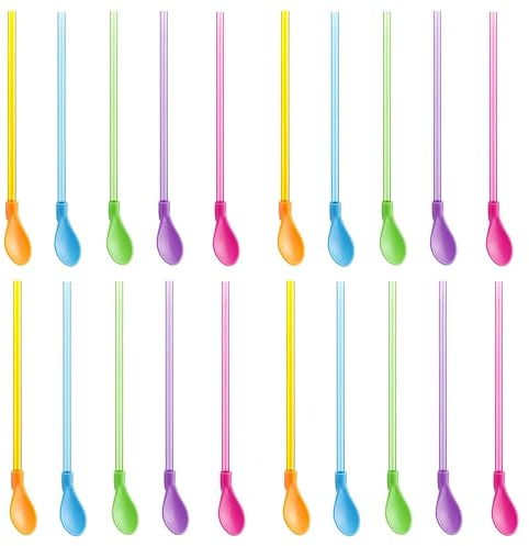20 Pcs Slush Straws,Straws Plastic Spoon Colored Straw Spoon 2 in 1,Drinking Straws for Milkshake, Cocktails, Smoothie and Hot Drink, Assemble Straw and Spoon and Match Colors (5 Colors)