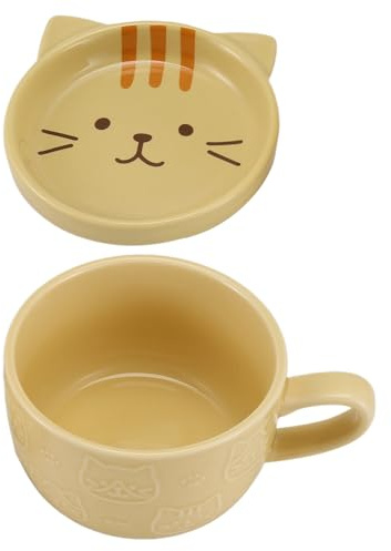Wadakada Kreative Keramik Kaffee Tassen mit Deckel, SüßE Katze, Porzellan Tassen, Familie, FrüHstüCk, Milch, Saft, GeträNke (Gelb)