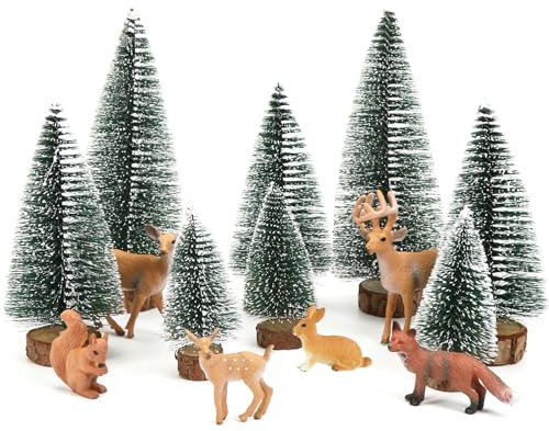 14 Stück Weihnachten Mini Figuren,Weihnachtsbaum Mini Künstlich Ornament,Tannenbaum Klein Kaninchen, Eichhörnchen, Elch, Fuchs, Rentier Figuren,für Weihnachten Tischdeko Schaufenster Geschenke DIY