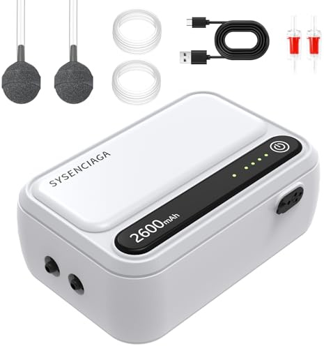 Aquarium Air Pump-Portable Air Pump for Outdoor Fishing, Rechargeable Aerator for Bait Bucket & Backup for Aquarium Fish Tank, Battery Powered Bubbler (2 Outlet 2600mAh)