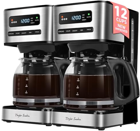 Taylor Swoden Cafetera Goteo 12 Tazas(1.8L) - 900W Programable 24H LED*2 | 3 Niveles + Modo Café Helado, Jarra Borosilicato, 40 Min Mantener caliente+Autoapagado, Autolimpieza, Antigoteo, Inox