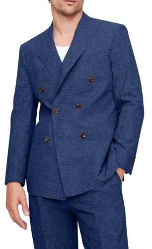 Men’s 2 Piece Linen Suit Double Breasted Peak Lapel Blazer and Adjustable Waist Pants for Beach Wedding&Business Casual