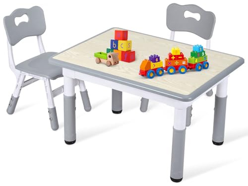 Ansobea Table pour enfant avec 2 chaises - Hauteur réglable sur 7 positions - 80 x 60 cm - Table à peindre et bureau - Gris - Impression bois