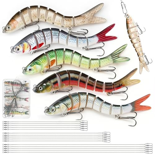 Seconero 5 STK Angelköder Crankbait, Kunstköder Wobbler Hecht, Fisch Köder | Mehrgelenkige Köder mit 15cm 23cm 30cm Vorfach, für Zander Barsch Swimbait lebensechter Angel köder Süß- und Salzwasser