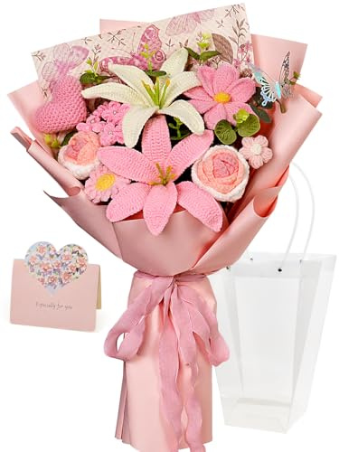 Wishwell Pop Crochet Flower Bouquet - Crochet Lily Rose Heart Bouquet Knitted Flowers for Mother's Day, Birthday, Anniversary, Valentine's Day, Gifts for Mom, Friends, Lovers, Pink