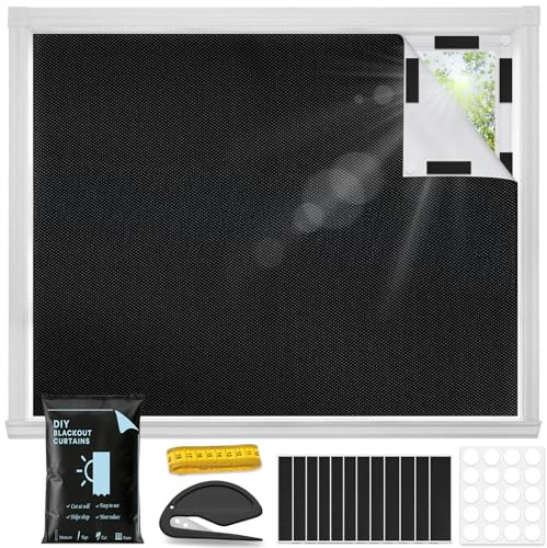KOHRIUK Tende Oscuranti Senza di 300 x 145 cm,Telo Oscurante Termico 420D Tenda Oscurante Con 12 Nastro a Strappo e 18 Adesivi Rotondi per Interni,Tagliabile,Portatili per Camera da Letto, Nursery