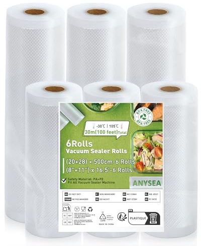 Bolsas de Vacío para Alimentos 20/28 × 500 cm, 6 Rollos Bolsas para Envasar al Vacío Profesionales para Selladora y Cocción Sous Vide, Rollos Envasadora al Vacio Sin BPA - 30 Metros