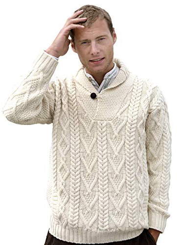 Aran Crafts Men's Irish Cable Knitted Wool Shawl Collar Sweater (SH4177-MED-NAT) Natural