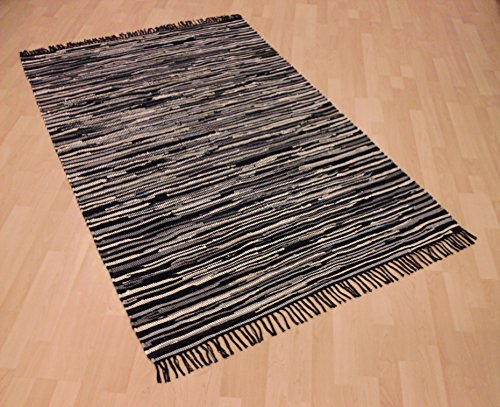 MB Warenhandel24 Handwebteppich Fleckerlteppich gestreift 100% Baumwolle Handweb Teppich Fleckerl Waschbar NEU (ca. 120x180 cm, Schwarz gestreift)