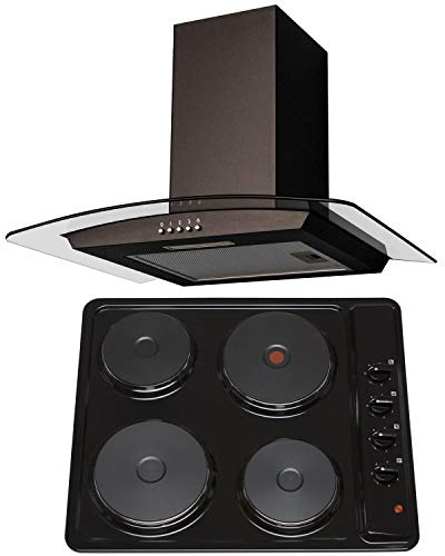SIA 60cm Black 4 Zone Solid Plate Hob And Curved Glass Cooker Hood Extractor Fan