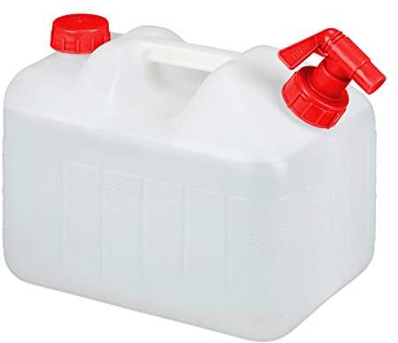 Relaxdays Wasserkanister mit Hahn, Schraubdeckel, weiß-rot | Trinkwasserkanister Camping, 10l Tank, BPA-frei, Kunststoff