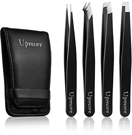 Upmore 4x Pinzette Set Edelstahl - Schwarz Augenbrauenpinzette Set Schere Pinzette, Gerade Schräge Spitze Zupfpinzette Splitterpinzette Spitzpinzette für Frauen und Männer