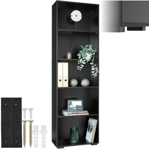 tectake® Scaffale per Libri con 5 Ripiani, Libreria Verticale Salvaspazio, Arredamento Ufficio e Casa, Libreria da Parete, Design Robusto in MDF, Facile da Pulire - Nero