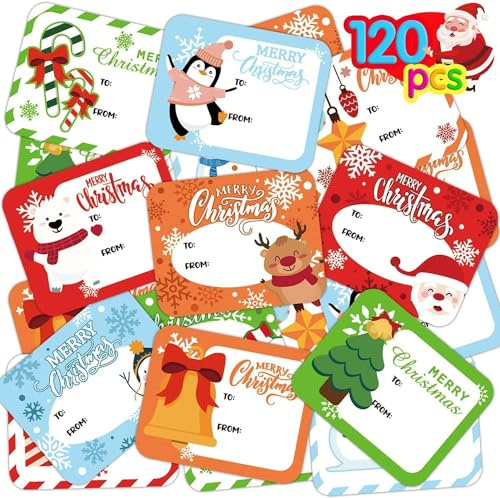 VEYLIN 120 Pieces Christmas Sticky Labels Adhesive Name Tag Sticker for Xmas Gift Wrapping Decoration